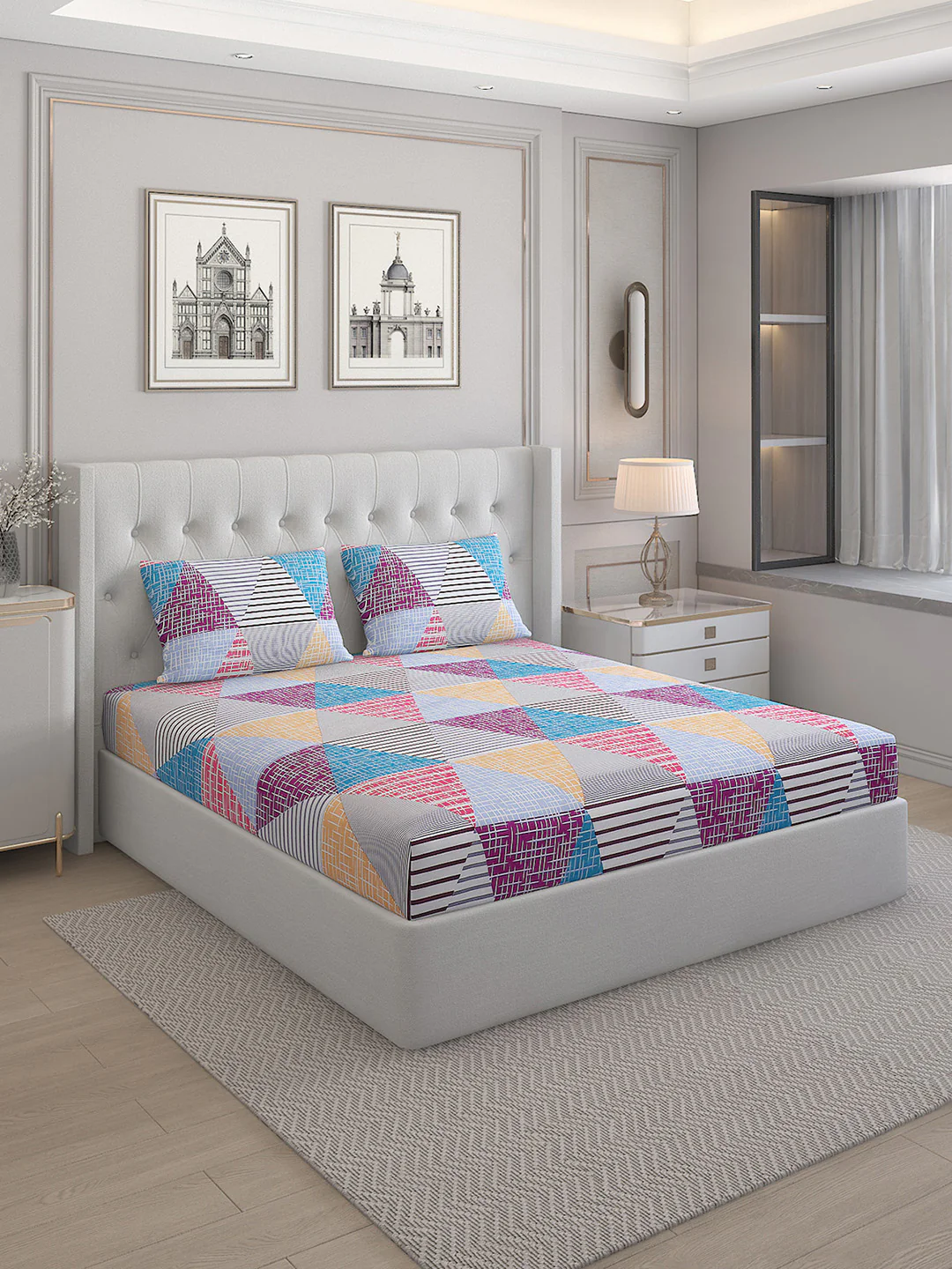 130 GSM  Polyester Double Bed Bedsheet with 2 Pillow Covers