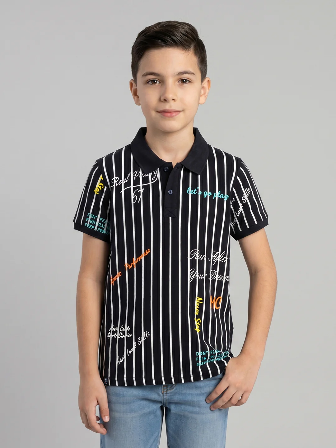 Boys Navy Blue Printed Collar Half Sleeve T-Shirt