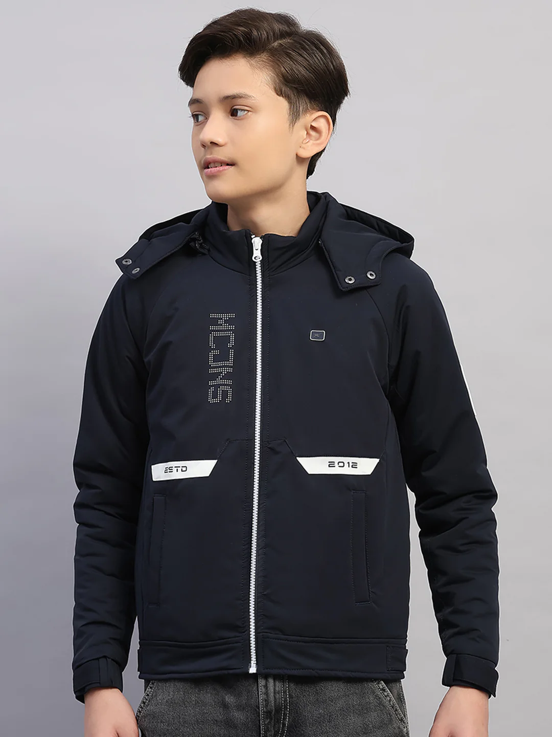Boys Navy Blue Printed Hooded Full Sleeve Jacket