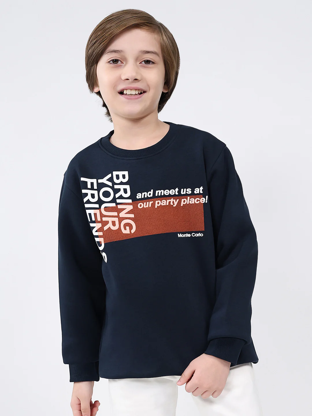 Boys Navy Blue Printed Round Neck Full Sleeve Sweatshirt