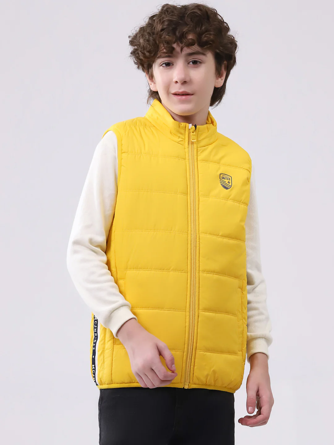 Boys Yellow Solid Mock Neck Sleeveless Boys Jacket