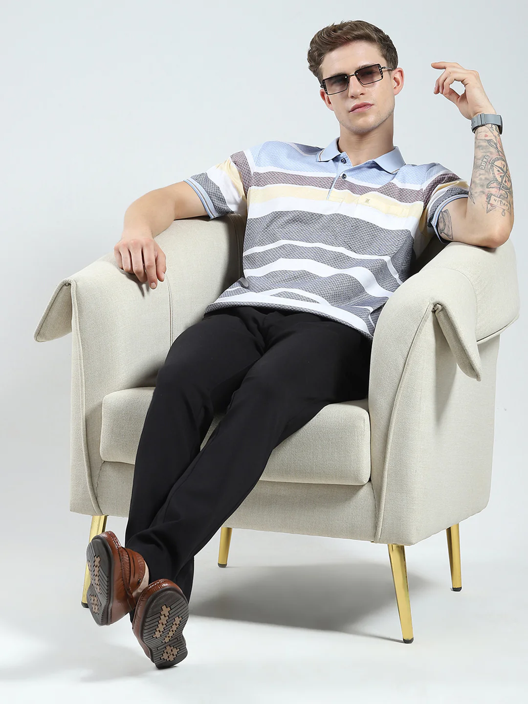 Luxuria Men Grey Stripe Collar Half Sleeve T-Shirt - Image 2