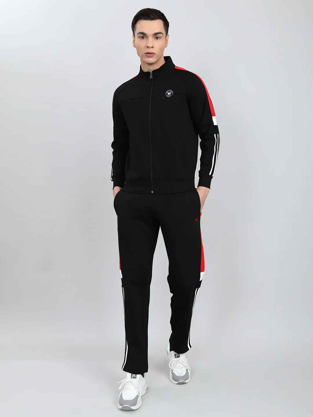 Men Black Solid Mandarin Collar Full Sleeve Winter Tracksuit