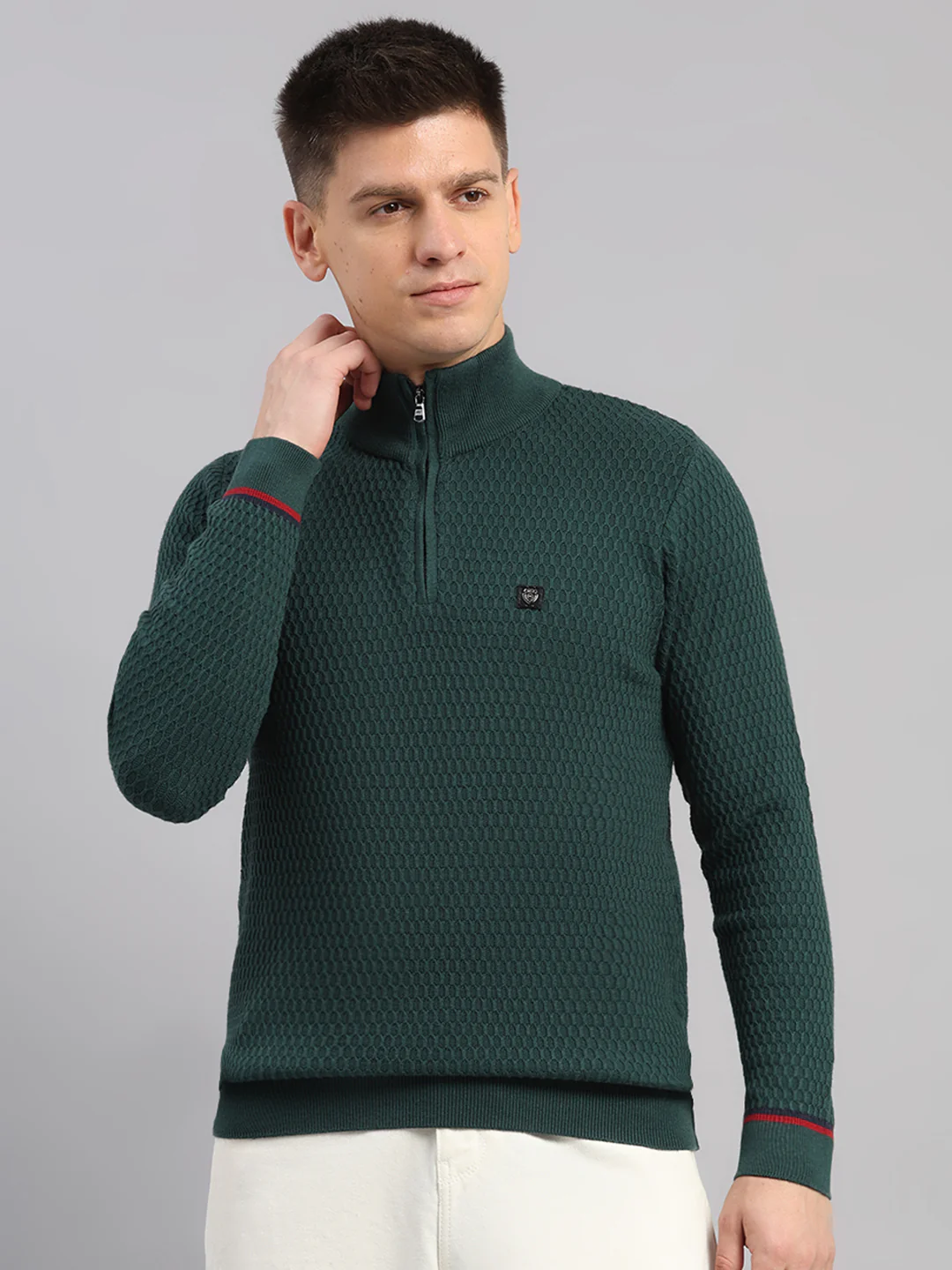 Men Green Self Design Round Neck Full Sleeve Pullover
