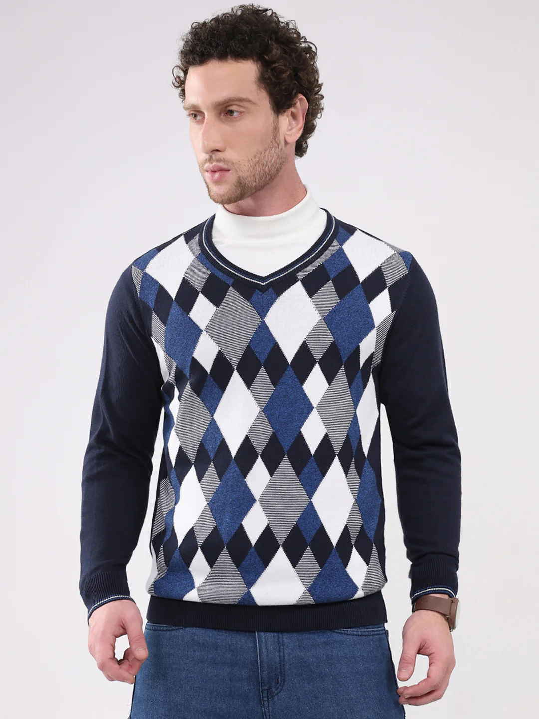 Men Navy Blue Solid V Neck Full Sleeve Pullover