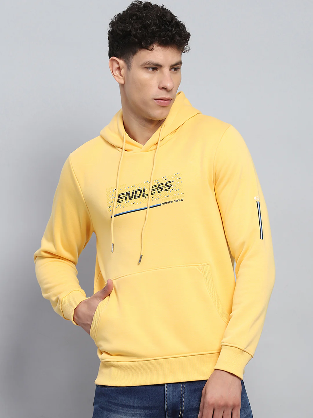 Men Yellow Printed Hooded Full Sleeve Sweatshirt