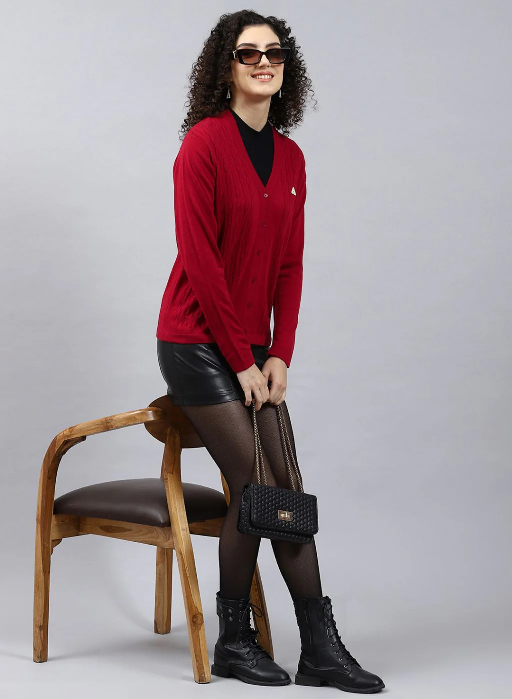 Women Red Self Design Wool blend Cardigan