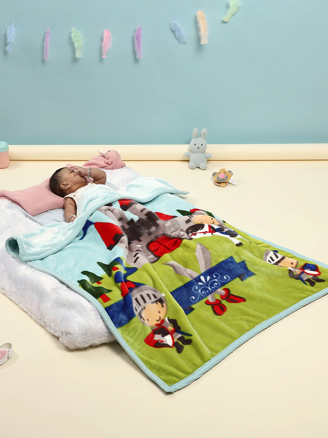 Cartoon Castle Printed Plush Blue and Green Baby Blanket