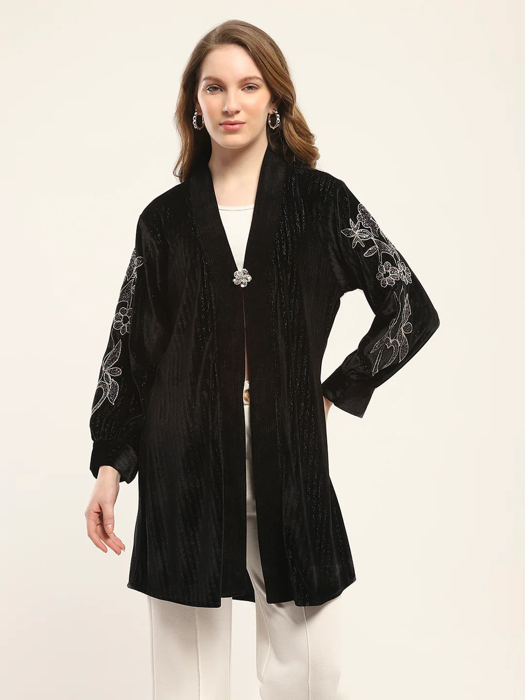 Women Black Self Design Front Open Full Sleeve Shrug