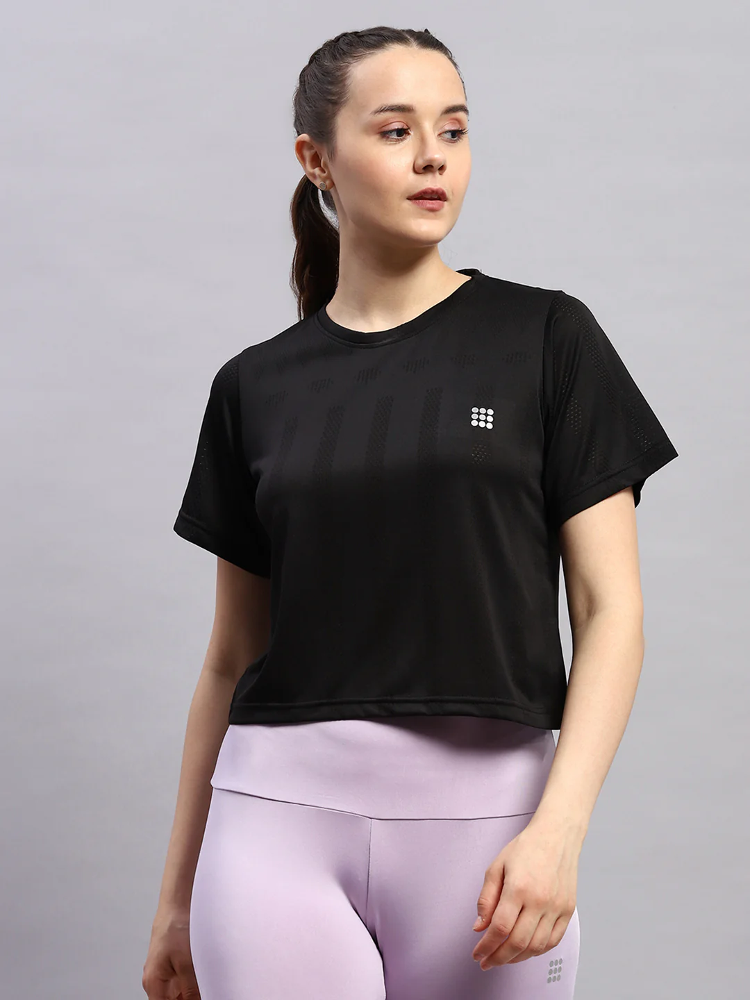 Rock.it Women Black Self Design Round Neck Half Sleeve Top